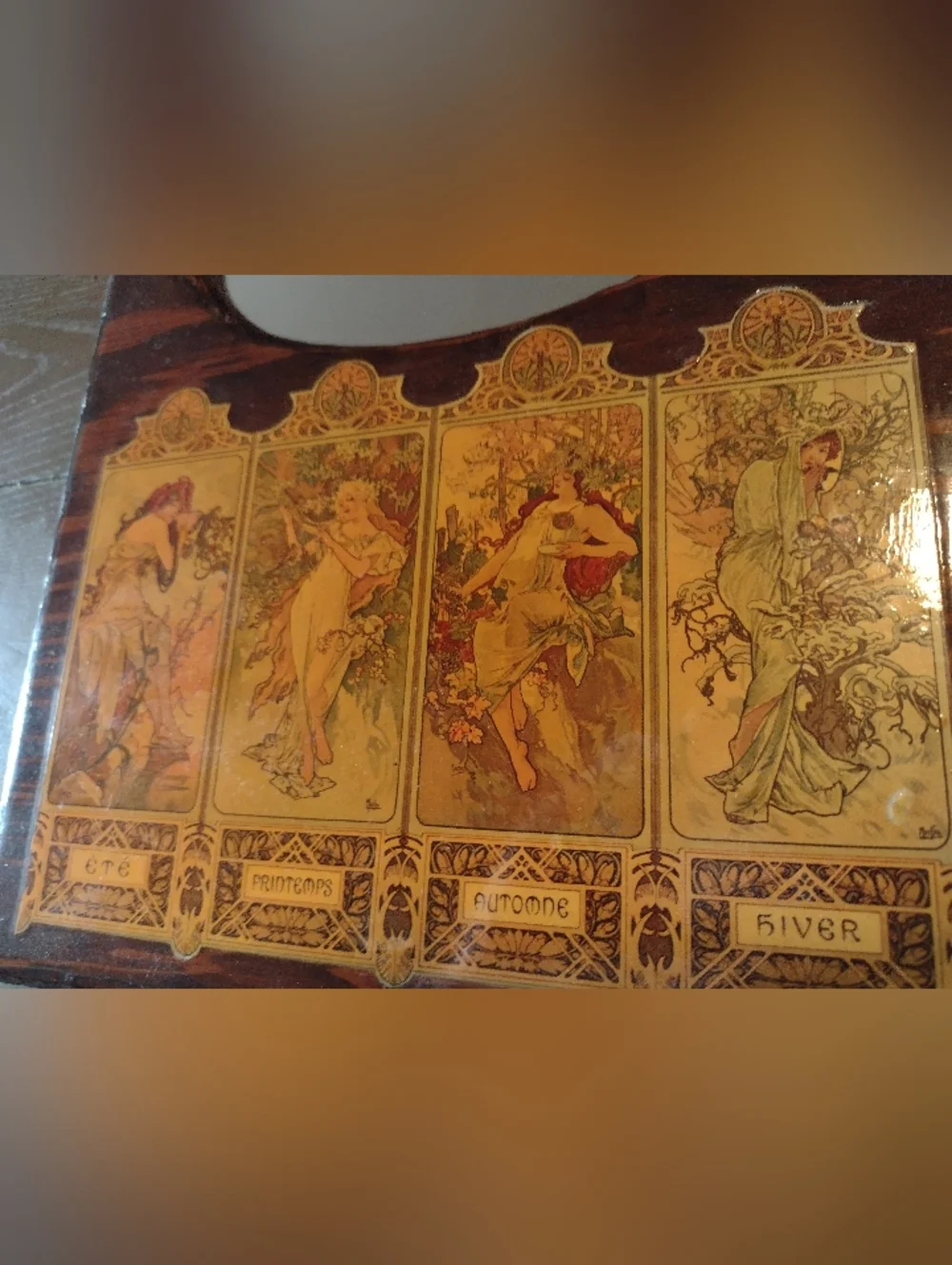 Vintage Art Nouveau Wooden Mirror with Four Seasons Panels, Handmade - Picture 2 of 11